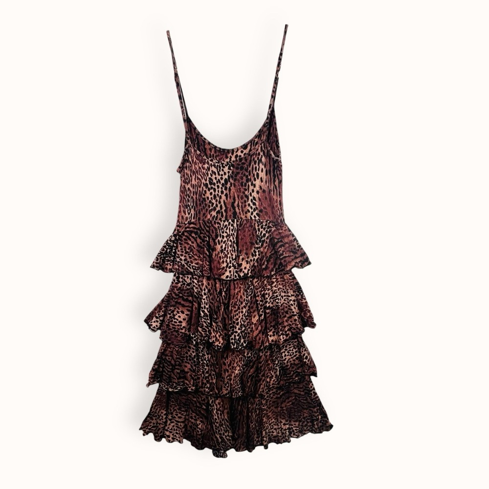 BETSEY‎ JOHNSON Mini Dress P Petite Animal Print Ruffled Tiered Leopard Straps - Picture 2 of 6